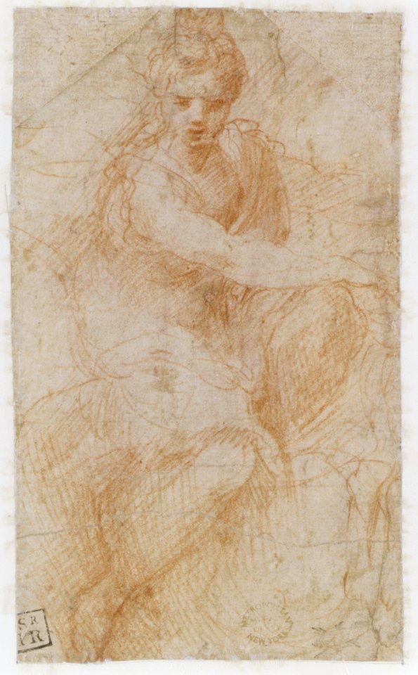 Seated Goddess Diana (recto); Studies of a Nude Male Torso Seen from the Rear, and a leg (verso) MET DR202