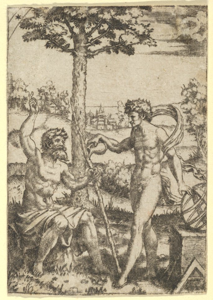 Seated old shepard gesturing towards the sky and speaking to nude male surrounded by tools of measurement MET DP855133