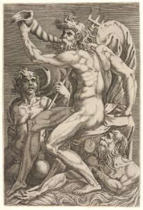 Seated Neptune holding a conch shell to his mouth, accompanied by a seated triton and another emerging from the water at bottom right MET DP833561