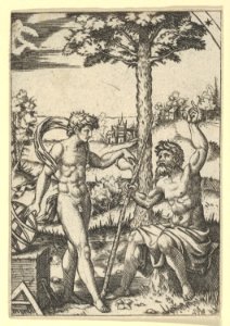 Seated old shepard gesturing towards the sky and speaking to nude male surrounded by tools of measurement MET DP855134
