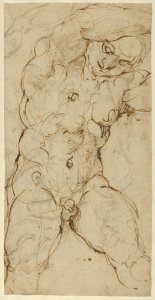 Seated Nude Male Figure (recto); Ornamental Designs of Foliage, a Grotesque Head, and a Leg (verso) MET DP842172