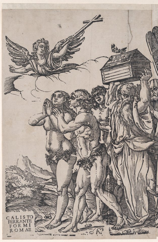 Section A- an angel holding a cross at upper left, Adam and Eve below, from The Triumph of Christ MET DP875551
