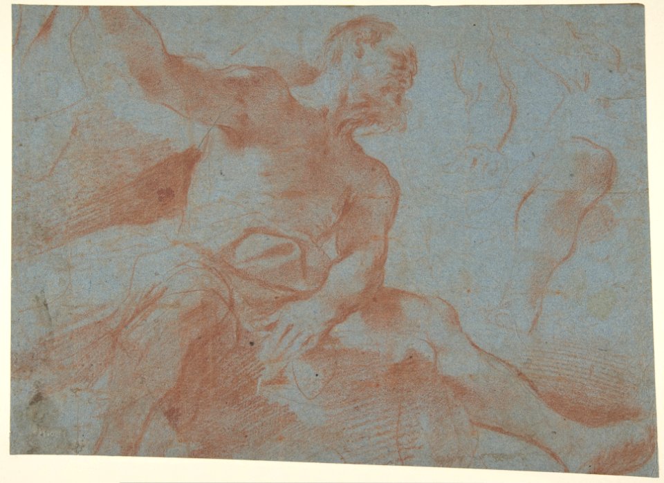 Seated Old Man with Right Arm Upraised (Tithonus) (recto); Seated Nude Youth (figure of Day) (verso) MET DP810211