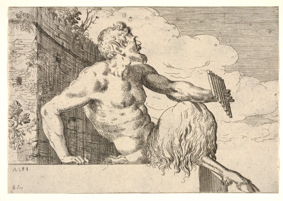 Seated Pan, who holds a pipe in his left hand and rests his right hand behind his torso, from a series of four deities after Giovanni Antonio da Pordenone MET DP833556