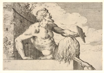 Seated Pan, who holds a pipe in his left hand and rests his right hand behind his torso, from a series of four deities after Giovanni Antonio da Pordenone MET DP833556