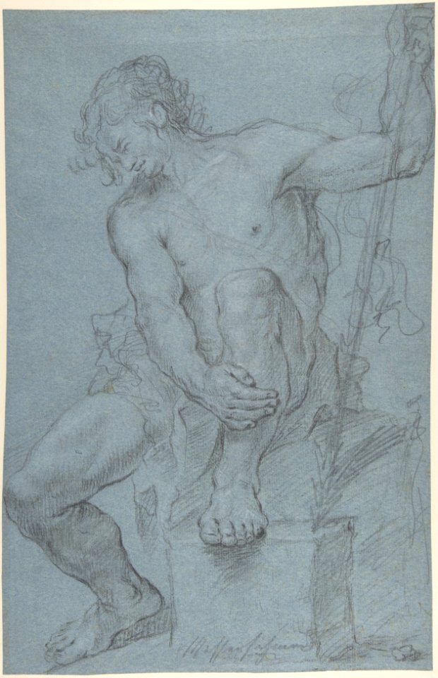 Seated Male Nude Holding a Staff MET DP804358
