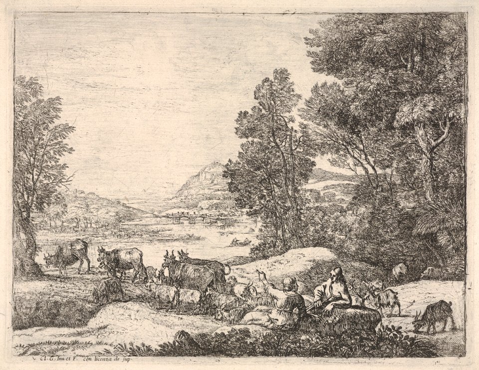 Shepherd and shepherdess conversing in a landscape, with a bridge in the background MET DP833487