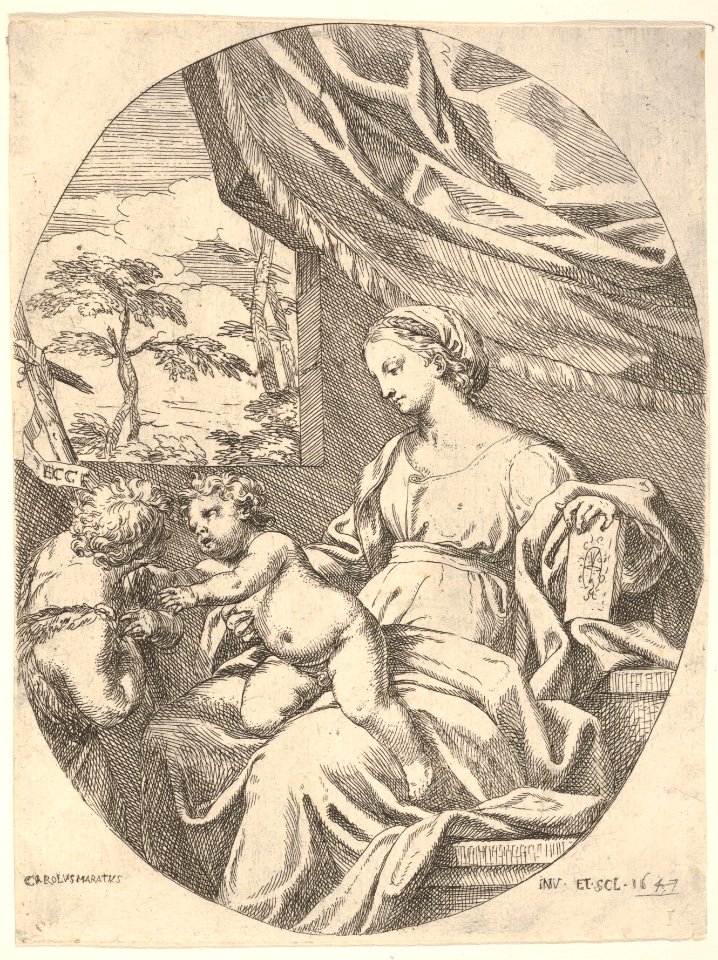 Seated Virgin and Child with Saint John the Baptist, a book rests under the Virgin's proper left hand, the Christ Child reaches toward Saint John, a wall and curtain dividing the figures from landscape beyond MET DP831517