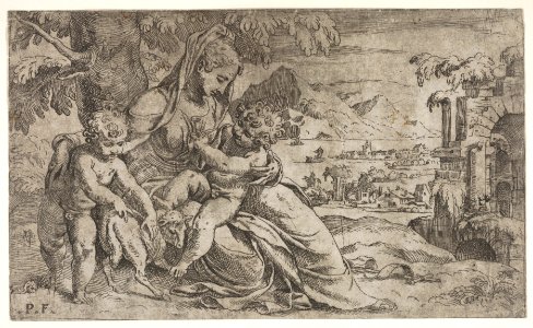 Seated Virgin and Child with St. John the Baptist on a hillside, the Baptist embraces a lamb, a reed cross lies on the earth behind the Virgin's left leg MET DP833585