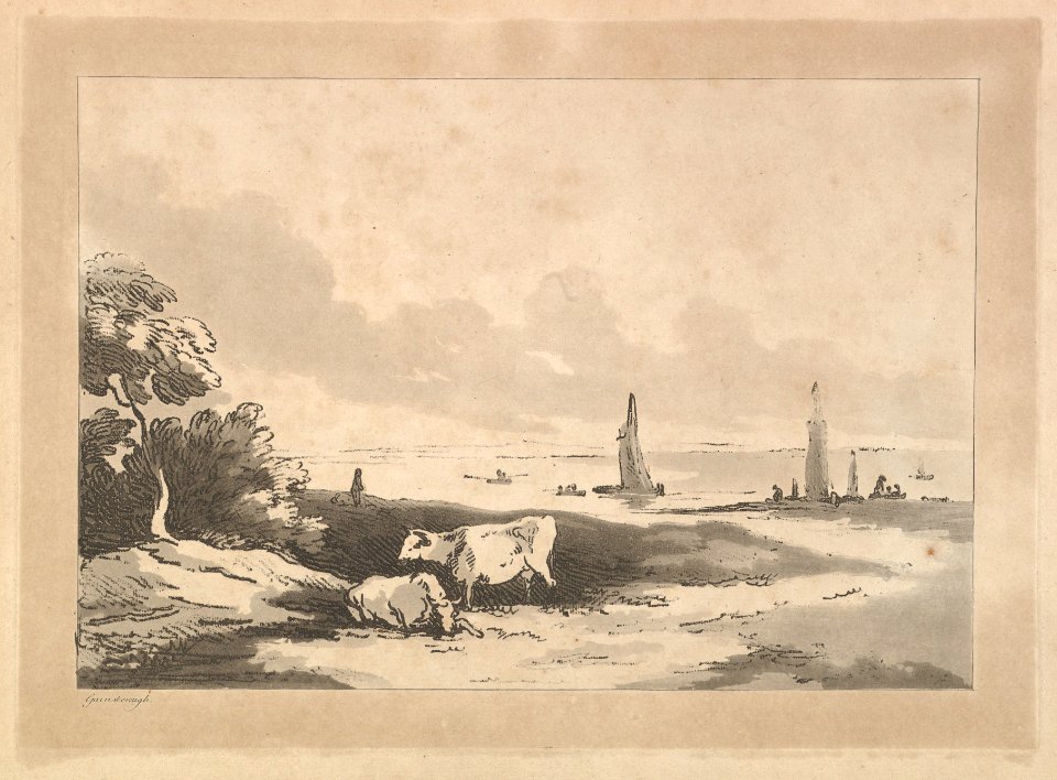 Shore Scene With Cattle in the Foreground and Boats in Shallow Water at Right MET DP823306