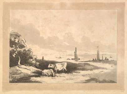 Shore Scene With Cattle in the Foreground and Boats in Shallow Water at Right MET DP823306