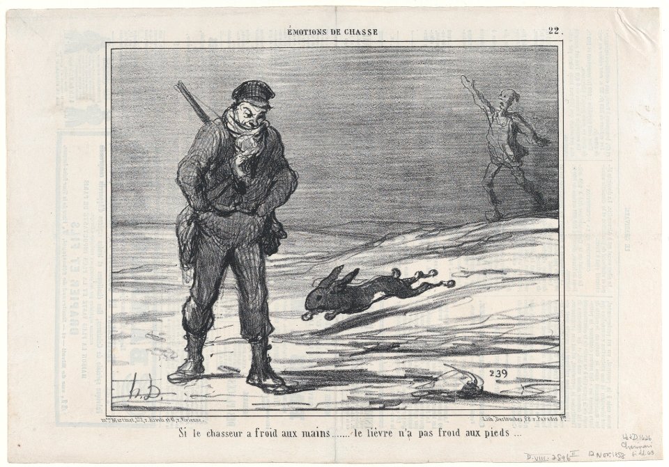 Si le chassuer a froid aux mains..... le lièvre n'a pas froid aux pieds..., from Émotions de Chasse, published in Le Charivari, November 12, 1858 MET DP876713