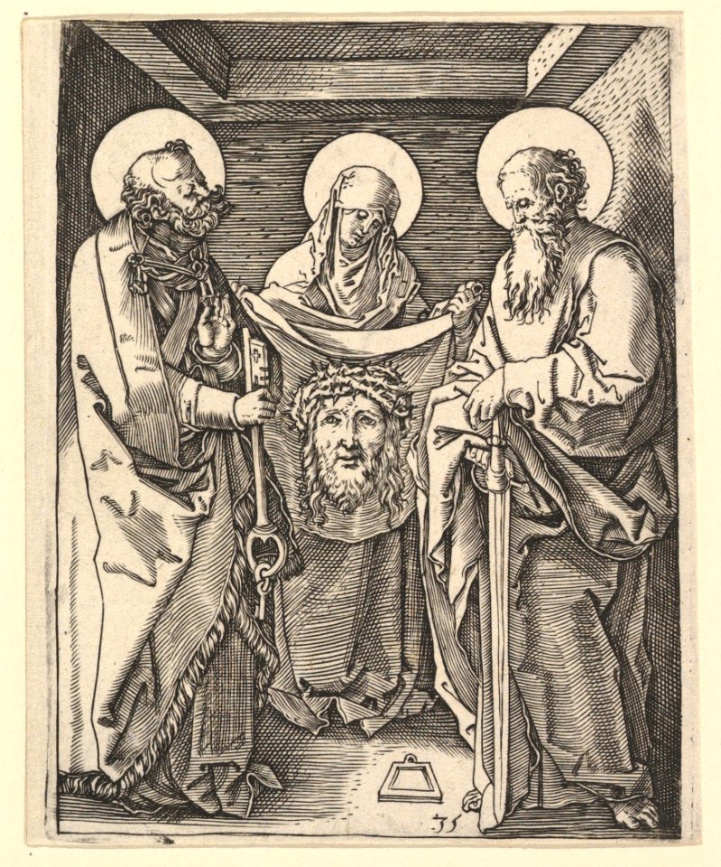 Shroud of Oviedo- Virgin Mary holds open shroud for Saint Peter and Saint Paul, after Dürer MET DP820340