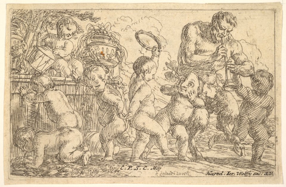 Satyr playing a pipe beside a putti holding a mask, surrounded by putti climbing over a low wall and dancing with musical instruments MET DP828586