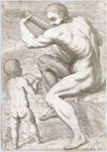 Study of a naked man playing a vihuela, a child holding a sheet of music at the left, from the 'Principios para estudiar el Nobilísimo y Real arte de la Pintura' (Madrid 1693) MET DP876068