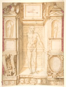 Study of a Figure in a Niche (Saint Ambrose; recto); Architectural Studies- Four Alternative Designs for Fictive Niches and an Unrelated Design with Garlands (verso), ca. 1560-67 MET DP807705