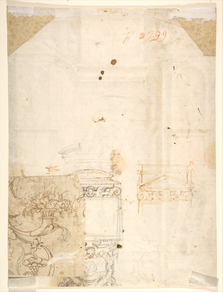 Study of a Figure in a Niche (Saint Ambrose; recto); Architectural Studies- Four Alternative Designs for Fictive Niches and an Unrelated Design with Garlands (verso), ca. 1560-67 MET DP807706