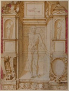 Study of a Figure in a Niche (Saint Ambrose; recto); Architectural Studies- Four Alternative Designs for Fictive Niches and an Unrelated Design with Garlands (verso), ca. 1560-67 MET 1995.305