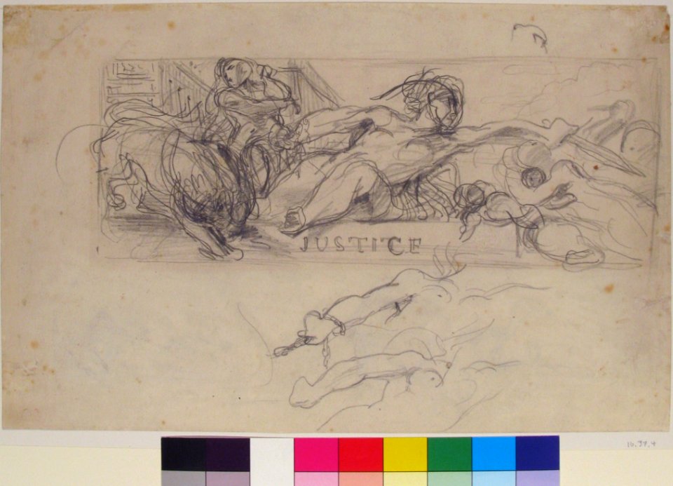 Study for an allegorical figure of Justice in the ceiling decoration of the Salon du Roi, Palais Bourbon; verso- studies of allegorical figures, and architectural sketches. MET 16.37.4