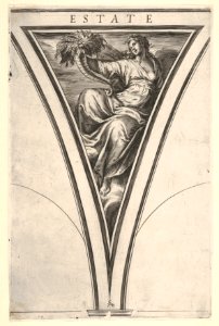 Summer (Estate), represented as a robed woman bearing a horn of plenty, a spandrel-shaped composition from the series 'The Four Seasons' after Polidoro da Caravaggio MET DP832097