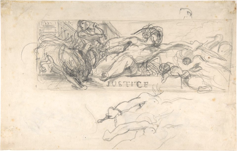 Study for an allegorical figure of Justice in the ceiling decoration of the Salon du Roi, Palais Bourbon; verso- studies of allegorical figures, and architectural sketches. MET DP805832