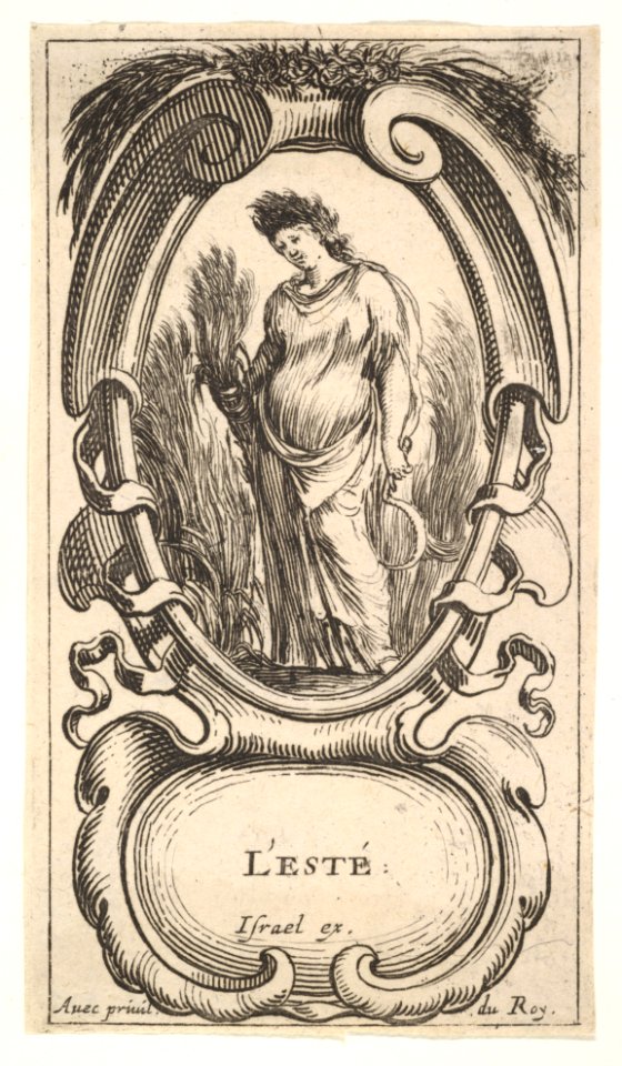 Summer, a woman, crowned with corn, standing in a cornfield with corn in her right hand and a scythe in her left hand, within a cartouche topped with corn, from 'The four Seasons' (Les quatre Saisons) MET DP833153