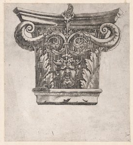 Speculum Romanae Magnificentiae- Capital with peapod volutes and satyr head MET DP870187