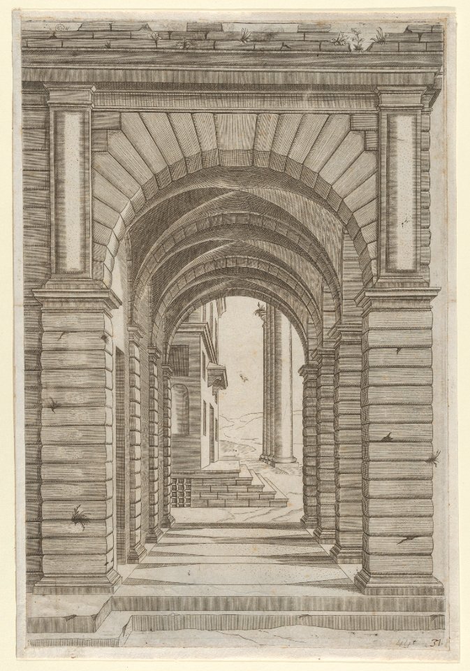 Speculum Romanae Magnificentiae- Front of a Building seen sideways through an arcade of four arches on its left front. MET DP870093