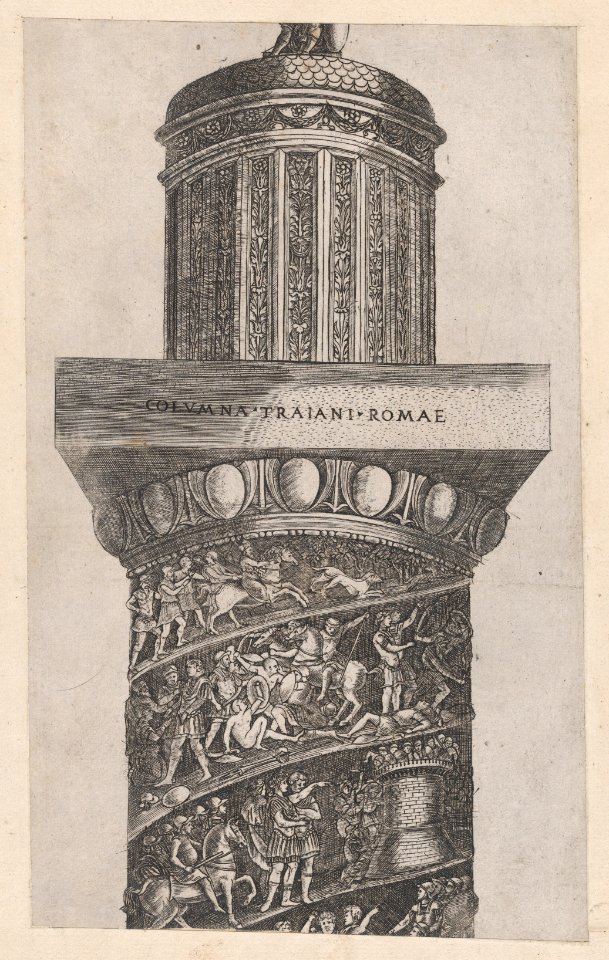 Speculum Romanae Magnificentiae- The upper portion of Trajan's Column, showing arabesque work on the crowning turret MET DP870072