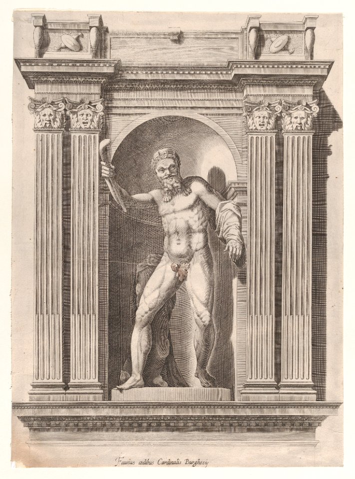 Speculum Romanae Magnificentiae- Sculpture of a faun standing in a niche after a statue in Scipione Borghese's villa MET DP870282