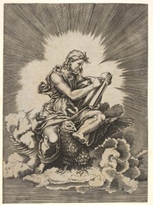St. John, seated and holding a writing instrument to a tablet, an eagle with outstretched wings below his legs, from a series of the four evangelists after Agostino Veneziano, which are in turn after Giulio Romano MET DP832538
