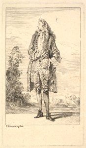 Standing man with right hand tucked into his waistcoat, shown in frontal view with his head turned toward the left, from the series 'Figures of fashion' (Figures de modes) MET DP829190. Free illustration for personal and commercial use.