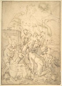 Standing Nude Female and Putto with Studies of a Hand and an Arm (recto); Satyrs destroying a Female Herm (verso) MET DP802129