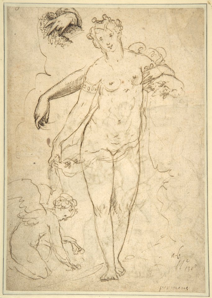 Standing Nude Female and Putto with Studies of a Hand and an Arm (recto); Satyrs destroying a Female Herm (verso) MET DP802128