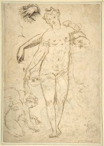 Standing Nude Female and Putto with Studies of a Hand and an Arm (recto); Satyrs destroying a Female Herm (verso) MET DP802128