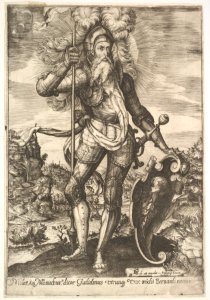 St. William of Aquitaine in armor bearing a standard in his right hand and resting his left hand on a shield, a landscape beyond MET DP828558