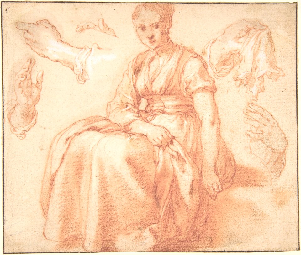 Study of a Seated Woman and Five Studies of Hands; Verso- Landscape with a Road and a Tree to the Right MET DP801117