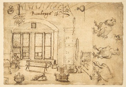 Study sheets with sketches of interiors, animals, sculpture, figures, notes MET DP812320