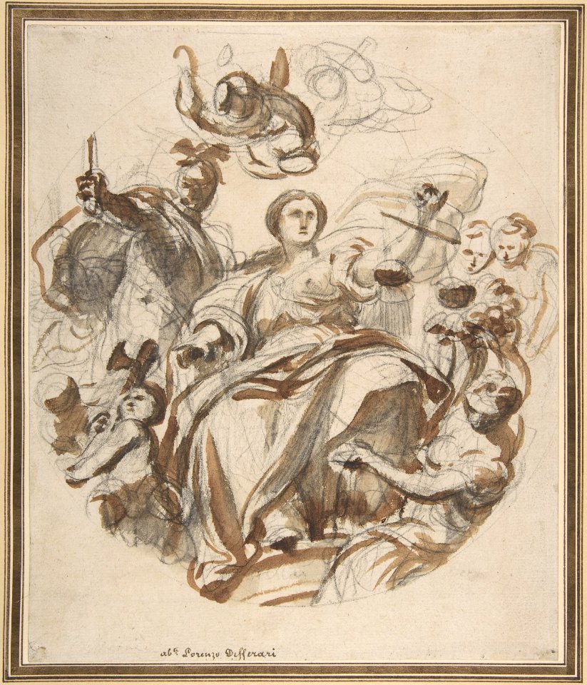 Study of Justice Dispensing Rewards to the Arts (recto); Study of a Lunette and Spandrel (verso) MET DP809467