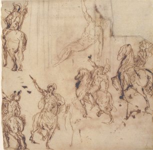 Studies of Horsemen and Study of a Figure for a Deposition (recto); Sketch for an Entablature (verso) MET 59.79.2 RECTO