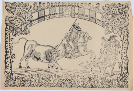 Suerte III- Picador stabbing a bull; two toreros running to right MET DP875710