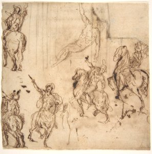 Studies of Horsemen and Study of a Figure for a Deposition (recto); Sketch for an Entablature (verso) MET DP810942