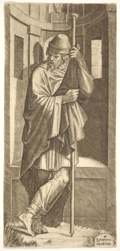St. James Major leaning on a pole before a niche, his left leg crossed over his right, from a series of full-length figures of Christ and the Twelve Apostles MET DP828375
