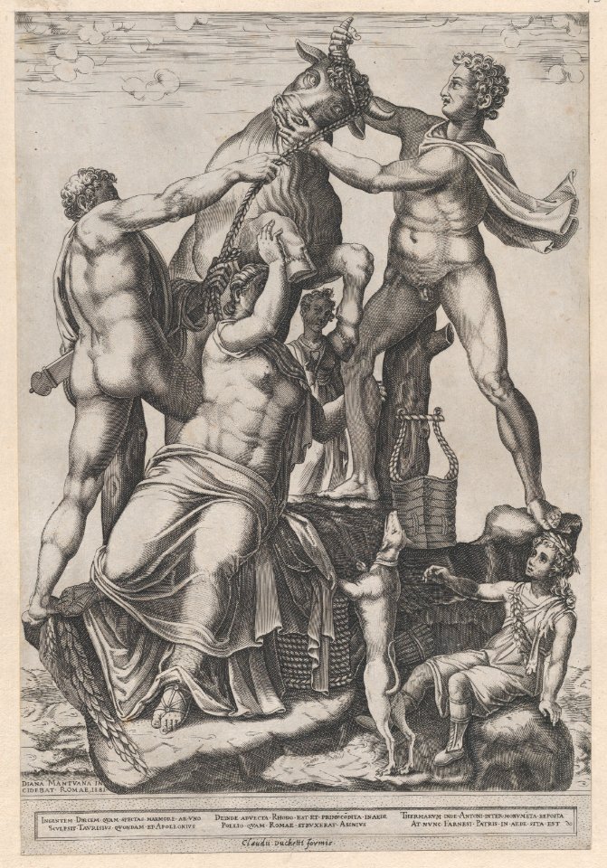 Speculum Romanae Magnificentiae- Amphion and Zethus Tying Dirce to a Wild Bull -The Farnese Bull- MET DP870232