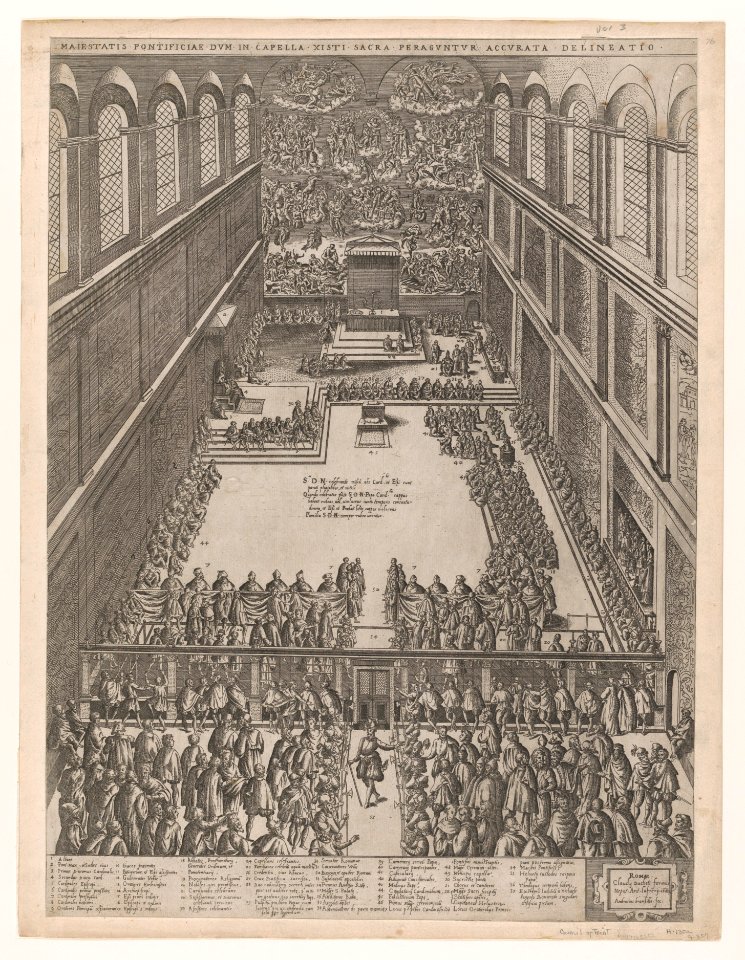 Speculum Romanae Magnificentiae- A Papal Gathering in the Sistine Chapel, Michelangelo's Last Judgement on the back wall; the crowd looks on through a screen MET DP856841