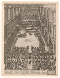 Speculum Romanae Magnificentiae- A Papal Gathering in the Sistine Chapel, Michelangelo's Last Judgement on the back wall; the crowd looks on through a screen MET DP856841