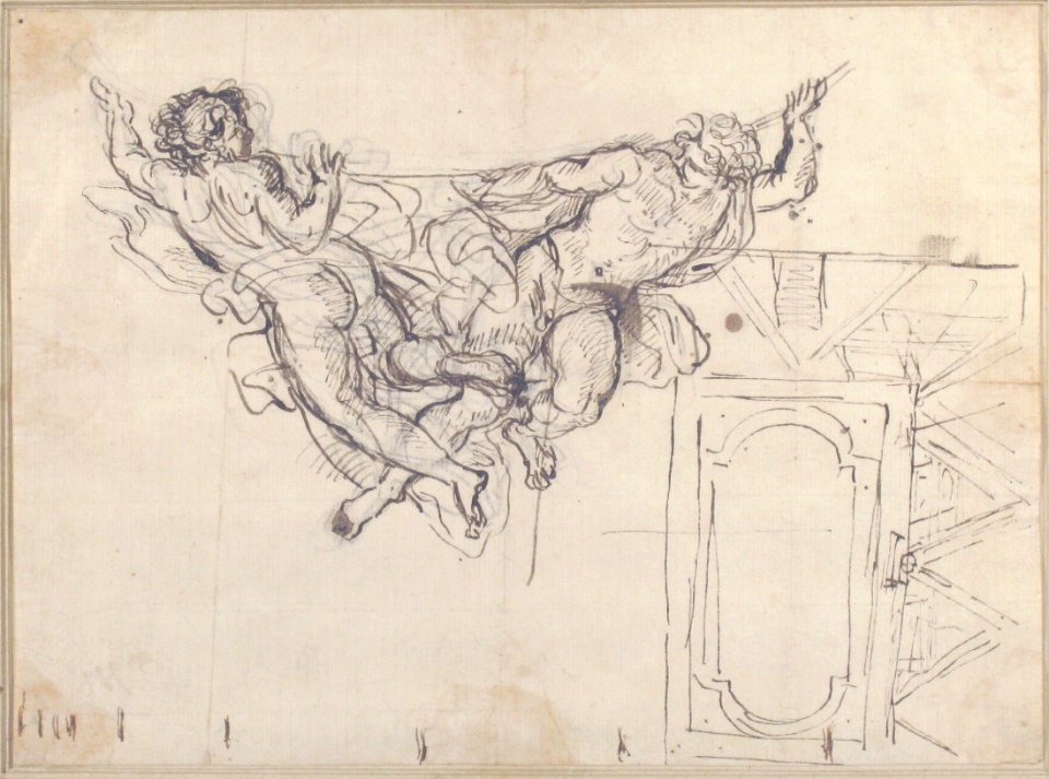 Study for Nude Male Figures Supporting a Frame and Plan of the Ceiling Decoration of Palazzo Altieri, Rome MET 65.206