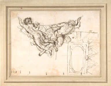 Study for Nude Male Figures Supporting a Frame and Plan of the Ceiling Decoration of Palazzo Altieri, Rome MET DP810442
