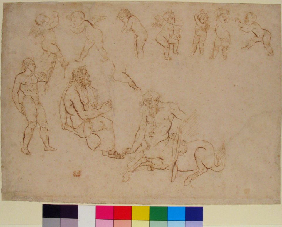 Studies for the decoration of the Library, Palais Bourbon, Paris- standing nude athlete; seated man with a lyre; centaur; and seven putti (three with wings) MET 1981.84