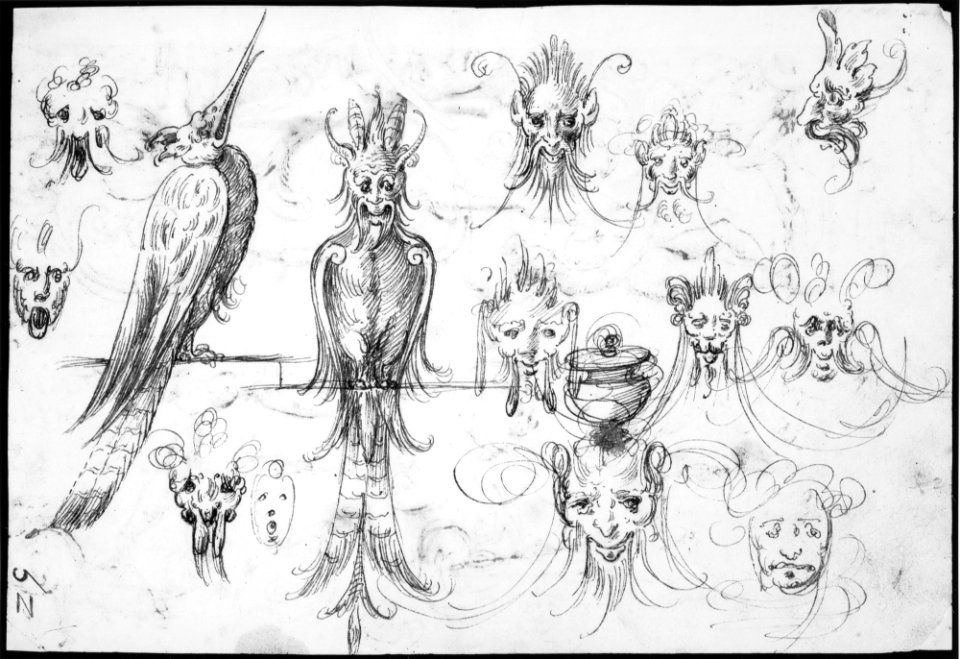 Studies for Grotesque Masks and Birds (recto); Candelabra Grotesques with Ewers and Vases (verso) MET MM37914
